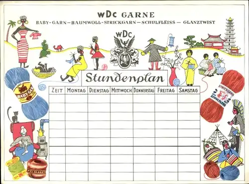 Stundenplan Struck & Co. WDC Garne Strickgarn Wäsche - Afrikaner, Asiaten um 1960