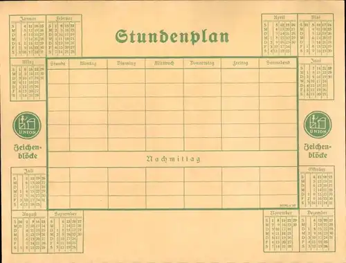 Stundenplan UNION Zeichenblöcke, Jahreskalender um 1930