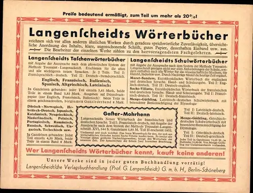 Stundenplan Langenscheidts Wörterbuch, Taschenwörterbücher, Schulwörterbücher um 1930