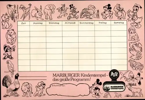 Stundenplan Reklame Marburger Kinderstempel, Disney-Figuren, Donald, Dagobert, Mickey um 1960