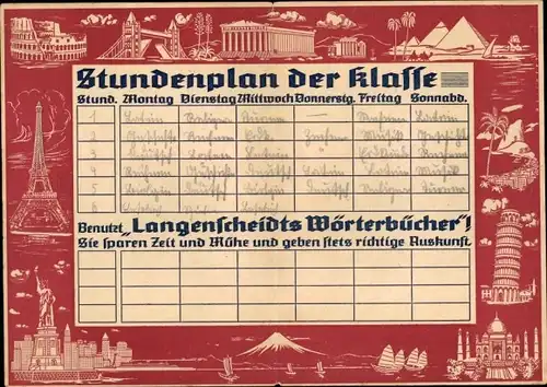 Stundenplan Langenscheidts Wörterbuch, Handwörterbücher, Taschenwörterbuch um 1930