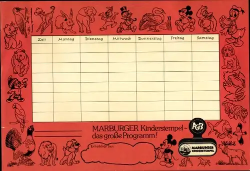 Stundenplan Reklame Marburger Kinderstempel, Disney-Figuren, Donald, Dagobert, Mickey um 1960