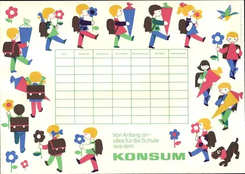 Stundenplan DDR Konsum Lebensmittel, Kinder mit Schultüte um 1970