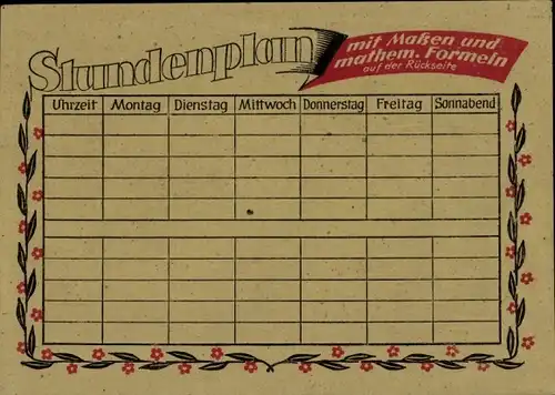 Stundenplan mit Maßen und mathematischen Formeln um 1970