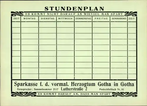 Stundenplan Sparkasse Herzogtum Gotha, Lutherstraße 2, Das Sparkassenbuch, Hausansicht um 1950