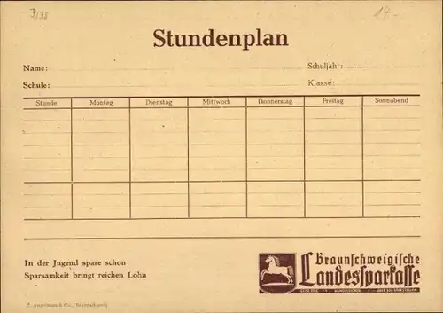 Stundenplan Braunschweigische Landessparkasse, Verwendung für Sand um 1970