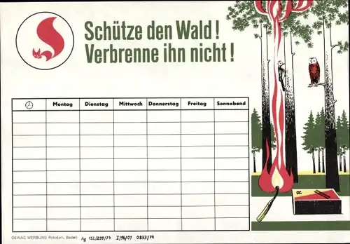 Stundenplan DDR DEWAG Potsdam, Schütze den Wald, Verbrenne ihn nicht! um 1970