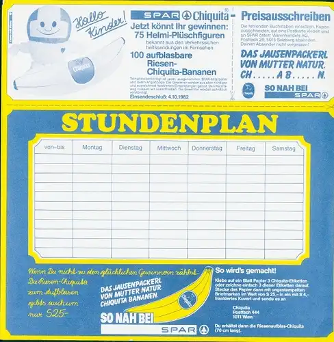 Stundenplan SPAR Lebensmittel, Chiquita Bananen Preisausschreiben um 1980