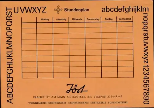 Stundenplan Jöst Weinkellerei, Sektkellerei - Frankfurt am Main Sehenswürdigkeiten um 1970