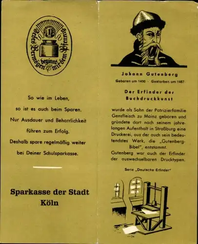 Stundenplan Sparkasse der Stadt Köln, Gutenberg, Erfinder der Buchdruckerei um 1960