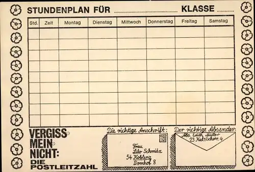 Stundenplan Deutsche Post - Vergißmeinnicht: Die Postleitzahl - um 1960