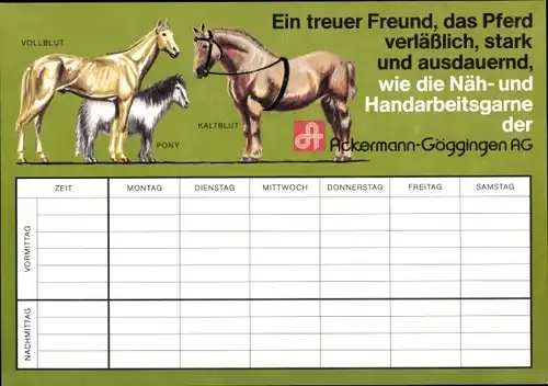 Stundenplan Ackermann Nähgarne Göggingen AG, Das Pferd, ein treuer Freund um 1970