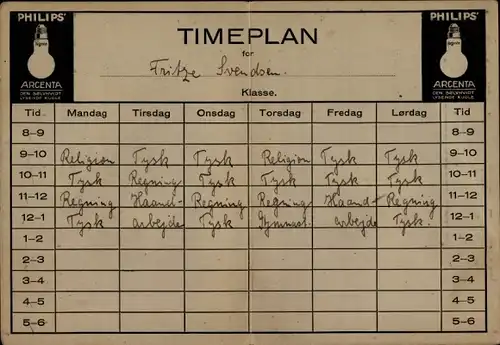 Stundenplan Philips Glühlampenfabrik Kopenhagen Dänemark, 1/2 Watt Glühbirne um 1920