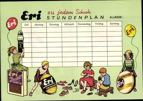 Stundenplan Reklame Eri Hartpaste Schuhcreme, Kinder mit Blechdosen, 1x1, um 1950
