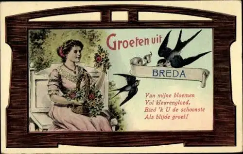 Passepartout Ak Breda Nordbrabant, Frau mit Blumenkorb, Schwalben