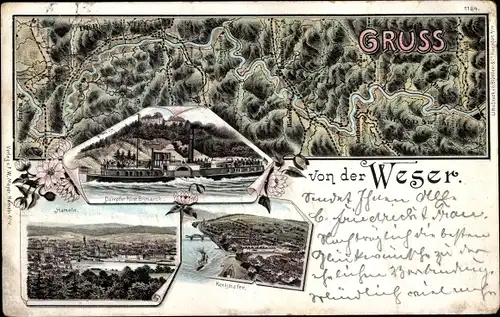 Landkarten Litho Hameln in Niedersachsen, Dampfer Fürst Bismarck, Karlshafen