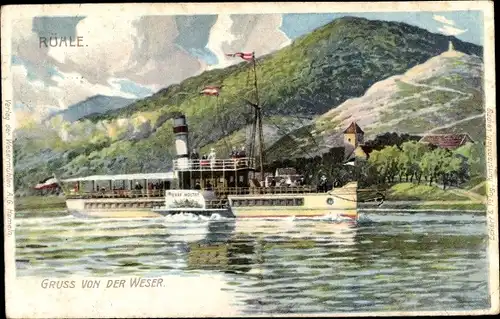 Litho Rühle Bodenwerder in Niedersachsen, Dampfer Graf Moltke auf der Weser