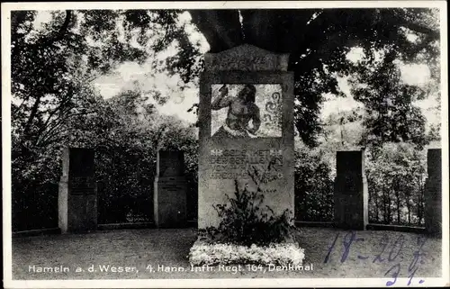 Ak Hameln an der Weser Niedersachsen, Denkmal 4. Hannoversches Infanterie Regiment 164