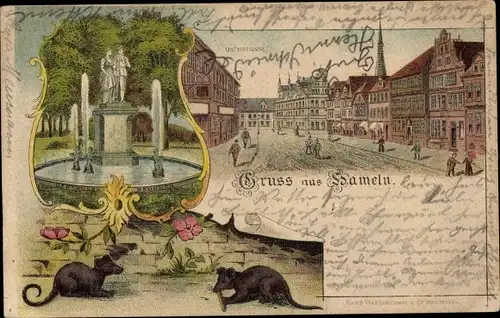 Litho Hameln an der Weser, Ratten, Osterstraße, Gertrudenbrunnen