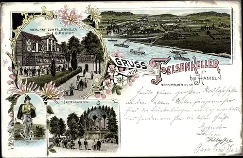 Litho Hameln an der Weser, Restaurant zum Felsenkeller, G. Reuter, Gartenpavillon, Dampfer