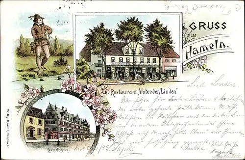Litho Hameln an der Weser Niedersachsen, Restaurant Unter den Linden, Hochzeitshaus, Rattenfänger