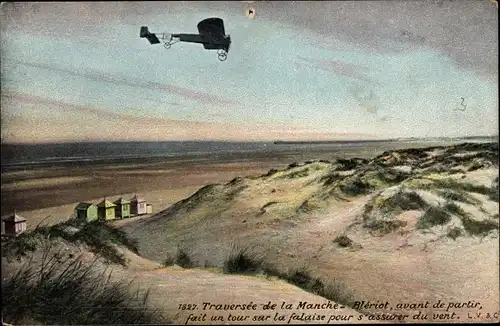Ak Traversee de la Manche, Bleriot, Flugzeug über dem Strand