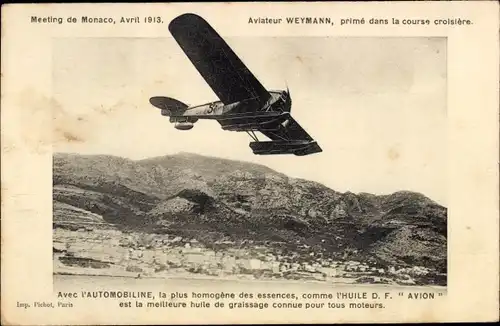 Ak Monte Carlo Monaco, Aviateur Weymann, prime dans la course croisiere, Automobiline, Meeting 1913