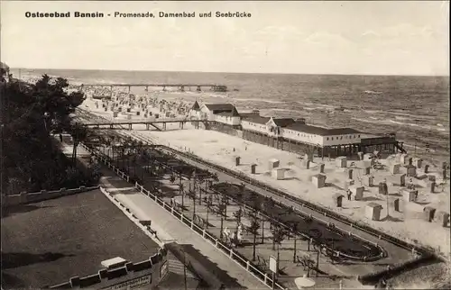 Ak Ostseebad Bansin Heringsdorf auf Usedom, Promenade, Damenbad und Seebrücke