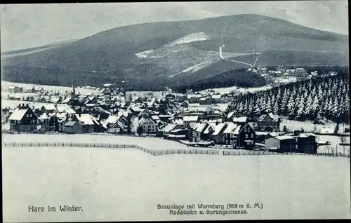 Ak Braunlage im Oberharz, Ortsansicht mit Wurmberg, Rodelbahn u. Sprungschanze, Winteransicht