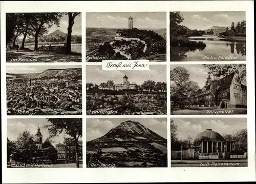 Ak Jena in Thüringen, Paradies, Fuchsturm, Landgrafen, Universität, Markt, Rathaus, Jenzig, Total