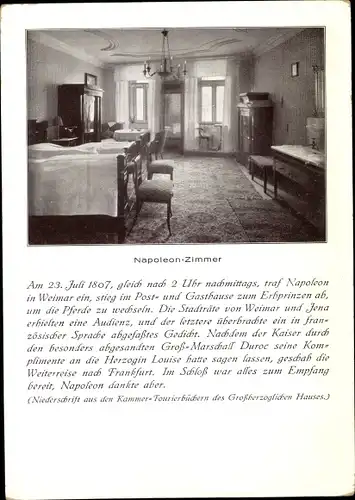 Ak Weimar in Thüringen, Hotel Erbprinz, Napoleon-Zimmer, Niederschrift aus den Kammer-Fourierbüchern