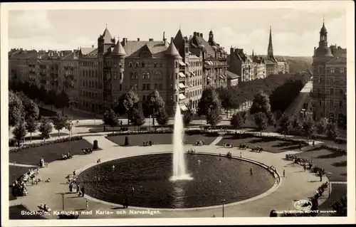 Ak Stockholm Schweden, Karlaplan med Karla, och Narvavagen, Fontäne