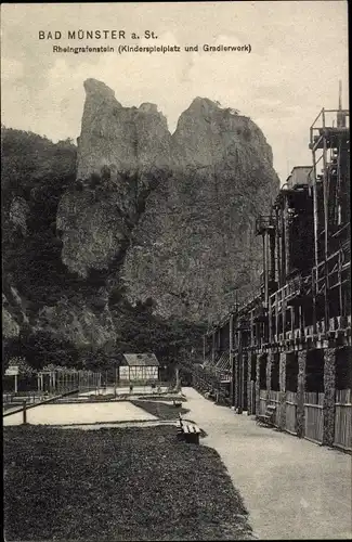 Ak Bad Münster am Stein Bad Kreuznach an der Nahe, Rheingrafenstein, Kinderspielplatz, Gradierwerk