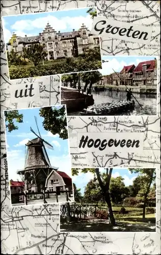 Ak Hoogeveen Drenthe, Windmühle, Park, Teilansichten, Gebäude