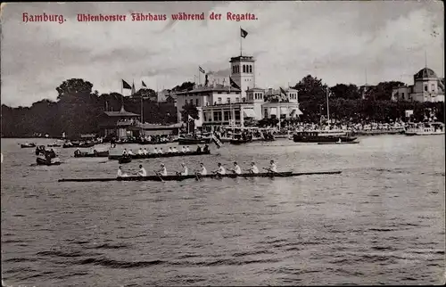 Ak Hamburg Nord Uhlenhorst, Uhlenhorster Fährhaus während der Regatta, Ruderboote