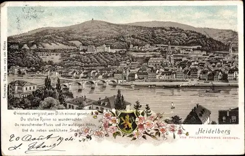 Litho Heidelberg am Neckar, vom Philisophenweg gesehen, Gedicht, Wappen