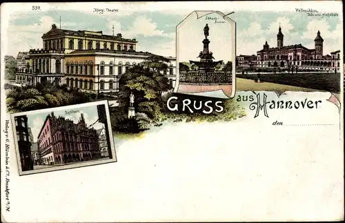 Litho Hannover in Niedersachsen, Königliches Theater, Rathaus, Welfenschloss, Hochschule