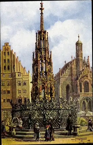 Künstler Ak Nürnberg in Mittelfranken, Schöner Brunnen mit Frauenkirche