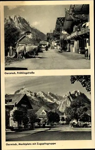Ak Garmisch Partenkirchen in Oberbayern, Frühlingstraße, Marktplatz mit Zugspitzgruppe
