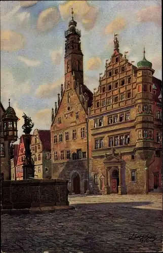 Künstler Ak Marschall, Rothenburg ob der Tauber Mittelfranken, Rathaus und Herterich Brunnen