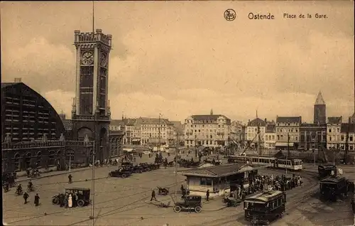 Ak Oostende Ostende Westflandern, Place de la Gare