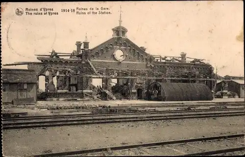 Ak Ypres Ypern Westflandern, Ruines de la Gare