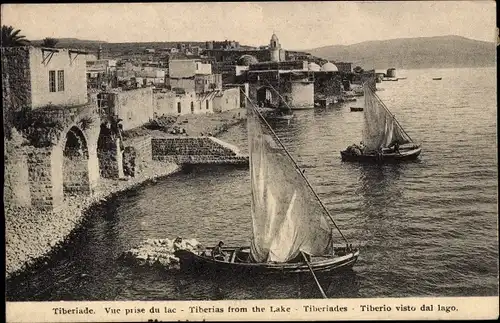 Ak Tiberias Israel, Vue prise du lac, Segelboote