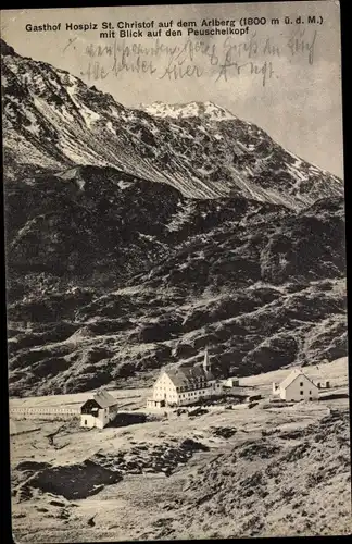 Ak St. Anton am Arlberg Tirol Österreich, Gasthof Hospiz St. Christof, Blick auf den Peuschelkopf