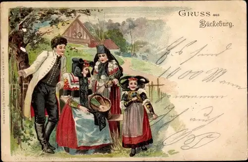 Litho Familie Bückeburger in Tracht
