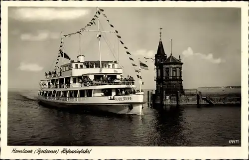 Ak Konstanz Bodensee, Hafeneinfahrt, Salondampfer Karlsruhe