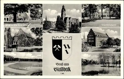 Wappen Ak Gladbeck im Ruhrgebiet Nordrhein Westfalen, Stadion, Post, Bibliothek, Rathaus