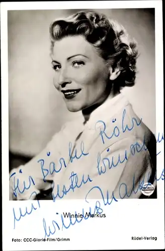 Ak Schauspielerin Winnie Markus, Portrait, Roman eines Frauenarztes, Autogramm