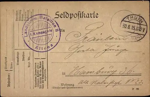 Dt. Feldpost, Truppenstempel, Landsturm Batl. II, 1. Kompagnie Altona, Thuin, I WK