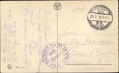 Dt. Feldpost, Truppenstempel, Res. Feldart. Rgt. No. 53, 5. Batterie, I WK